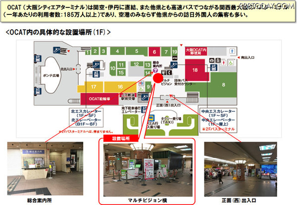 本実証実験は大阪市浪速区の大阪シティエアターミナル（OCAT）で実施される。設置場所は1階総合案内所前のマルチビジョン横（画像はプレスリリースより）