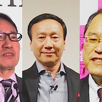 写真左から、ソフトバンク宮内社長、NTTドコモ加藤社長、KDDI田中社長
