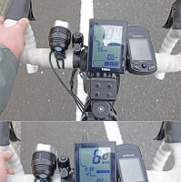 等しい勾配が続く坂道で、走行モードを切り替えてみた。上から順に時速10.4km（HIGH）、時速8.2km（STD）、時速7.2km（ECO）、時速6.9km（アシストオフ）を計測
