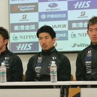 リオ五輪トラックの短距離種目に出場する（左から）中川誠一郎、渡辺一成、脇本雄太