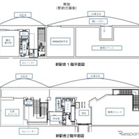 新駅舎南側（駅前広場側）の平面図。延床面積はおよそ3分の2がJR東日本、3分の1が北杜市が占める。1・2階に駅務スペースを備え、観光案内所が1階に、交流スペースが2階にそれぞれ設置される。