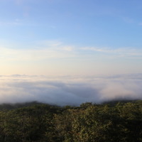 朝日を浴びて、ほんのり赤く染まる雲海。何ともロマンチックな風景である。