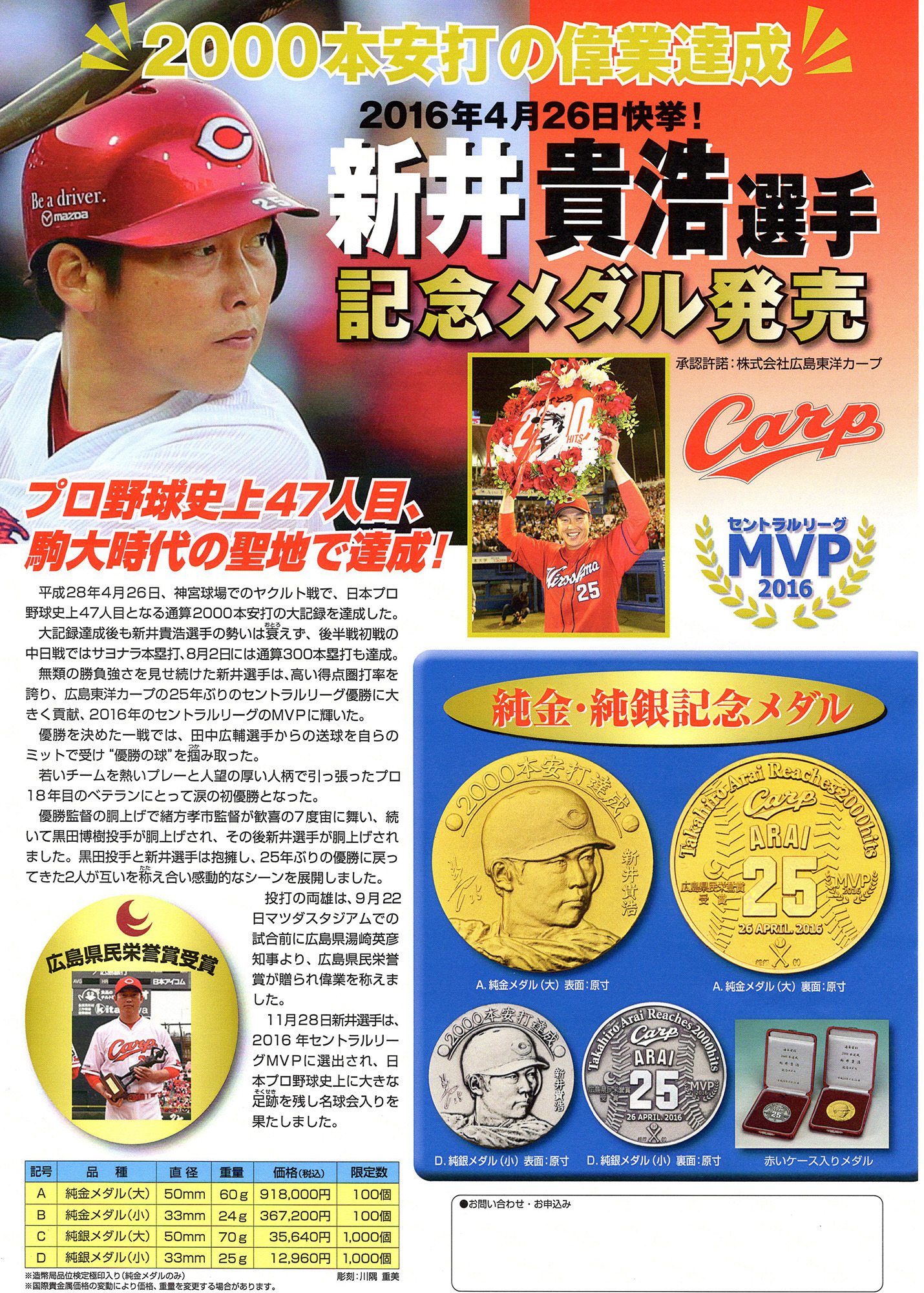 純金・純銀の広島カープ「新井貴浩記念メダル」限定発売 | CYCLE 