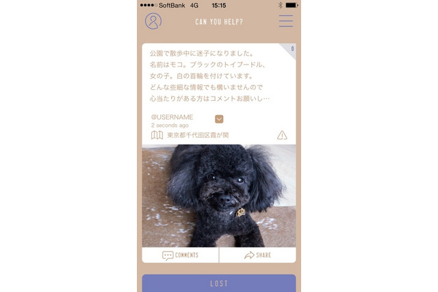 迷子の犬を見つけ出すアプリ「FINDOG」…半径6km以内のユーザーに通知 画像