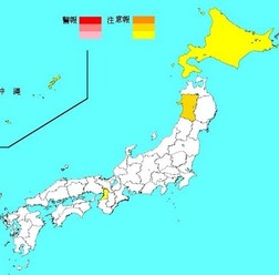 第53週（2015年12月28日～2016年1月3日）のインフルエンザ流行レベルマップ