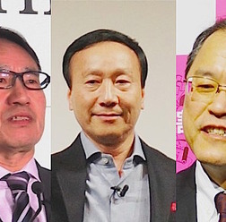 写真左から、ソフトバンク宮内社長、NTTドコモ加藤社長、KDDI田中社長