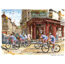 　ツール・ド・フランスをMTBで追いかけるイラストレーター、小河原政男の個展「ツール・ド・フランスの絵画展」が5月22日までモンベル奈良店で開催されている。およそ1年かけて全国8店舗のモンベルサロンをめぐる。奈良は2店舗目。2007年に初の個展を開催したが、今回