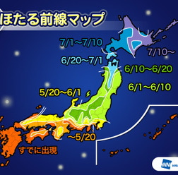 2015年のほたる出現傾向、西～東日本は5月下旬～6月中旬にピーク