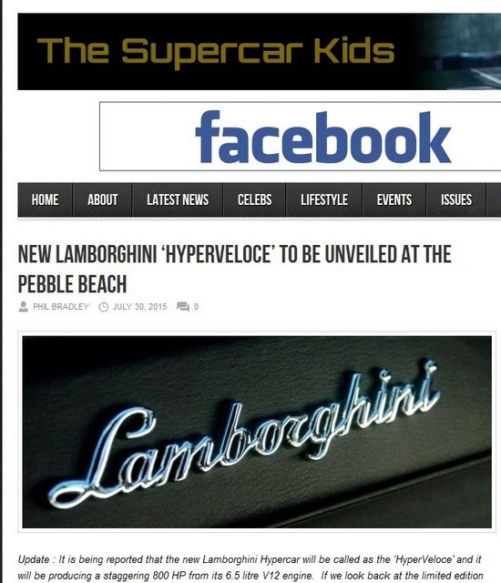 ランボルギーニ の新型スーパーカーの車名を「ハイパー・ヴェローチェ」と伝えた『the supercar kids』