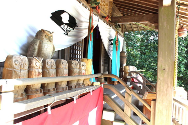 本宮神社にずらりと並ぶ、木彫りのフクロウ。
