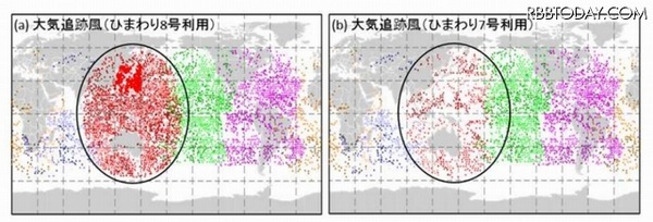 「大気追跡風」のひまわり8号と7号の比較。大幅にデータ量が増えている