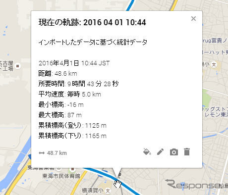 Googleマップで本機のデータを分析し、移動距離や速度を表示することもできる