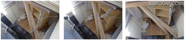 熊本地震の倒壊木造家屋の内部を再現した瓦礫空間に能動スコープカメラの進入させている様子（画像はプレスリリースより）