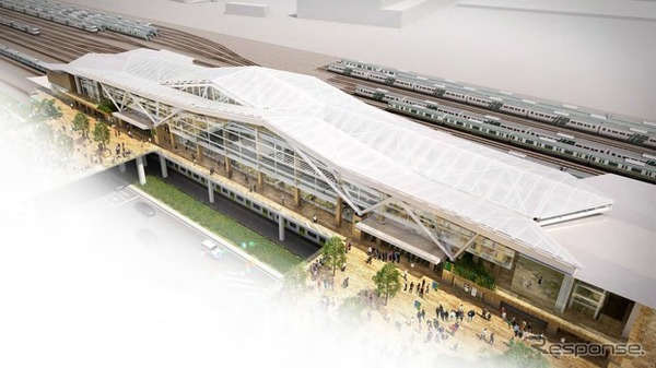 品川新駅の鳥瞰イメージ。折り紙をモチーフにした大屋根を設ける。