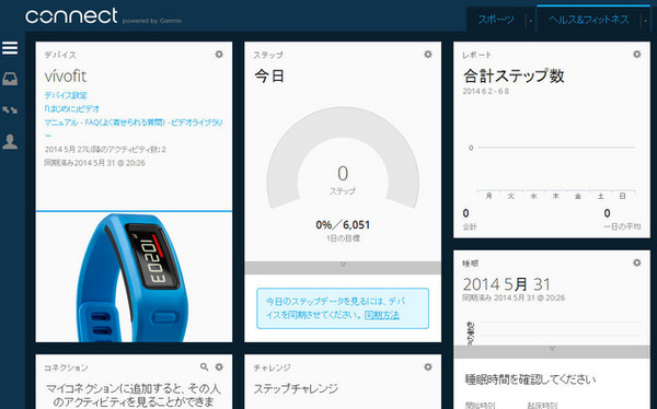 Garminコネクトのトップページ。「スポーツ」と「ヘルス＆フィットネス」のタブがある。