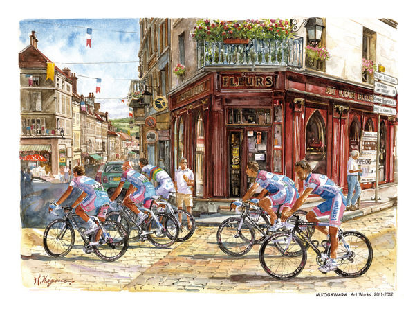 　ツール・ド・フランスをMTBで追いかけるイラストレーター、小河原政男の個展「ツール・ド・フランスの絵画展」が4月1日にモンベル・グランベリーモール南町田店で開幕した。およそ1年かけて全国8店舗のモンベルサロンで開催される。2007年に初の個展を開催したが、今