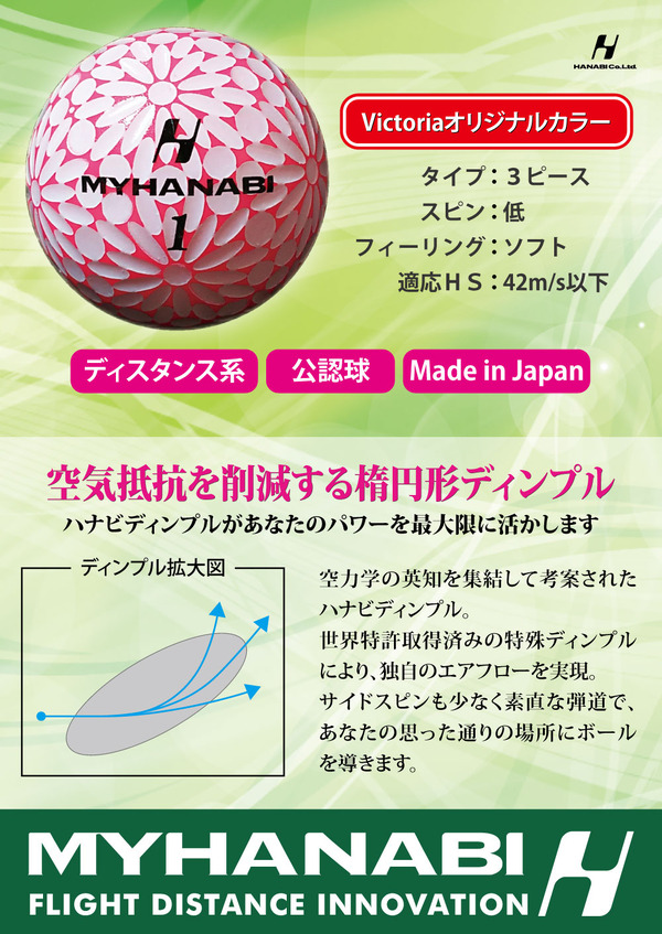 空気抵抗を削減して飛距離を伸ばすVictoria限定ゴルフボール「MYHANABI H」発売