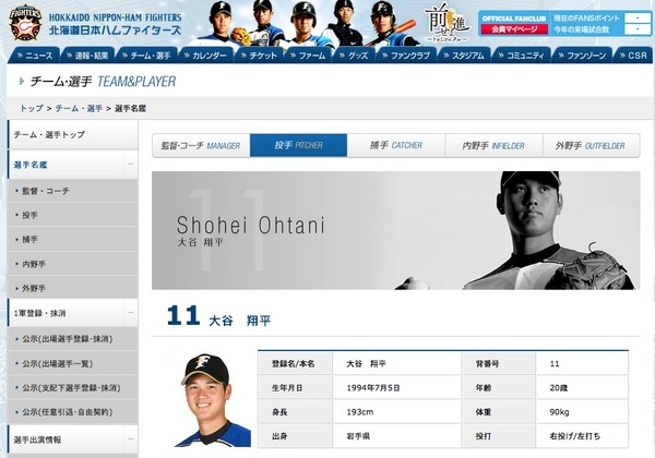 日本ハムの大谷翔平選手紹介ページスクリーンショット