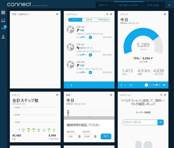 GARMINコネクトのトップ画面。これは「ヘルス＆フィットネス」のトップ画面で、「スポーツ」のトップ画面は別にある。