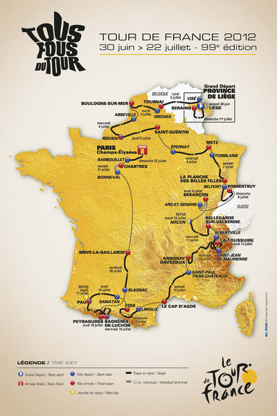 　第99回ツール・ド・フランスが6月30日にベルギーのリエージュで開幕する。コースはS字を描くようにフランスを巡る。大会9日目にスイスを訪問。中盤にアルプス山脈、終盤にピレネー山脈が待ち構える。プロローグと20ステージ。総距離およそ3,500km。