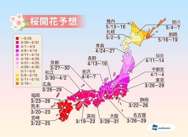 ウェザーニューズは、桜シーズン到来に向けて、桜の名所や公園などを対象とした桜の開花予想を発表した。