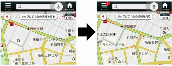 「プローブ情報」により、「緑色の点線」（順調）、「赤色の点線」（渋滞）が表示されるように