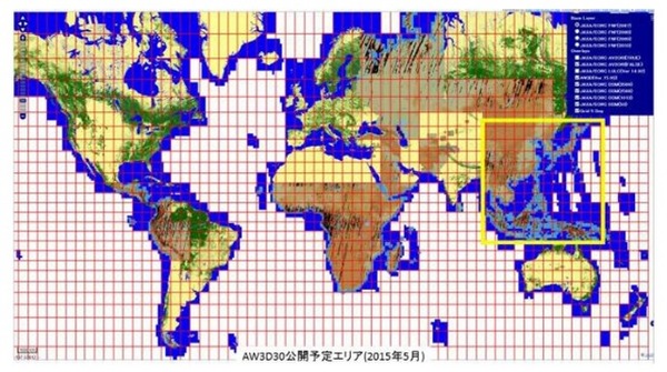 全世界標高データ（30mメッシュ版）当初公開範囲（黄色四角）